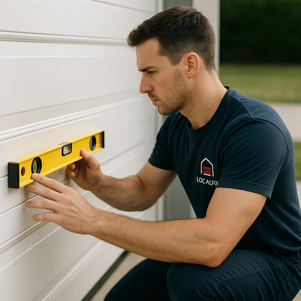 LocalFix technician aligning a garage door panel