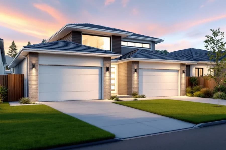 Suburban home with new garage door