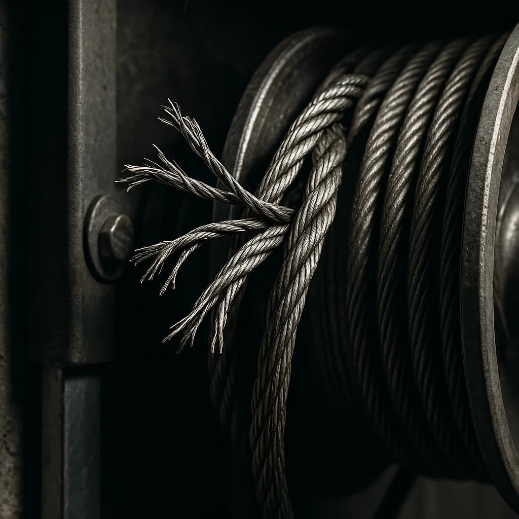 Frayed garage door lift cables on cable drum