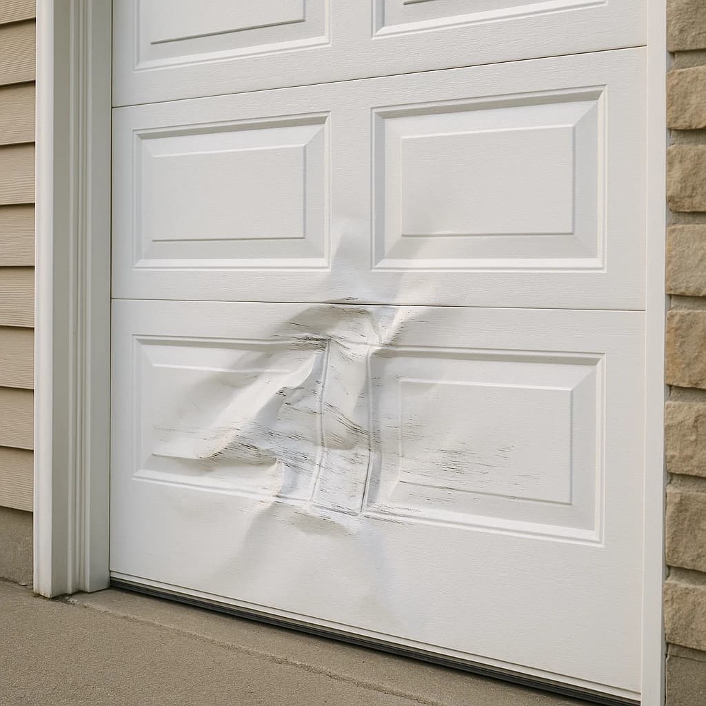 Damaged garage door panel showing dent